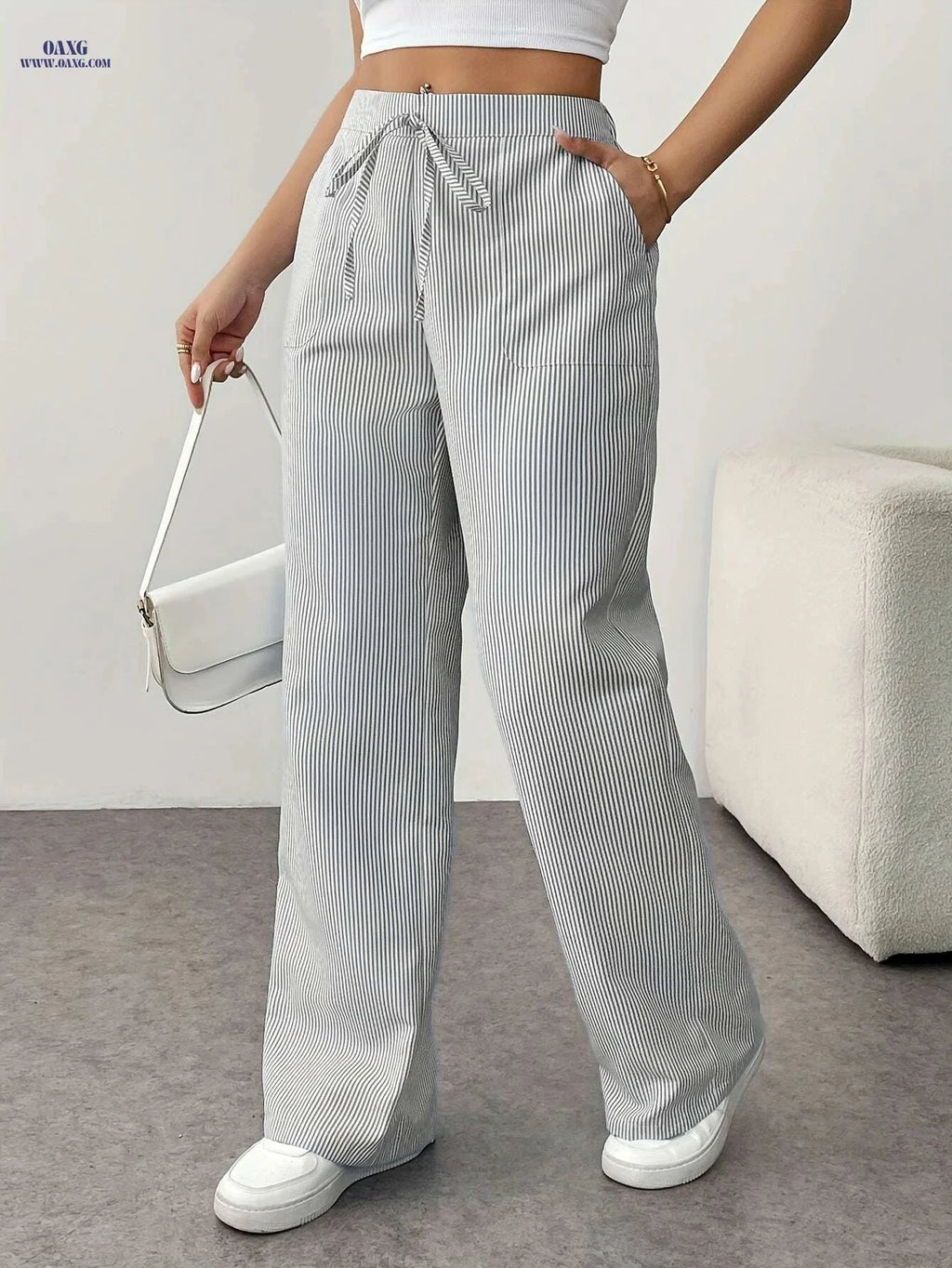 Women's High Waist Pinstriped Wide Leg Pants - Casual Spring Style   OAXG 