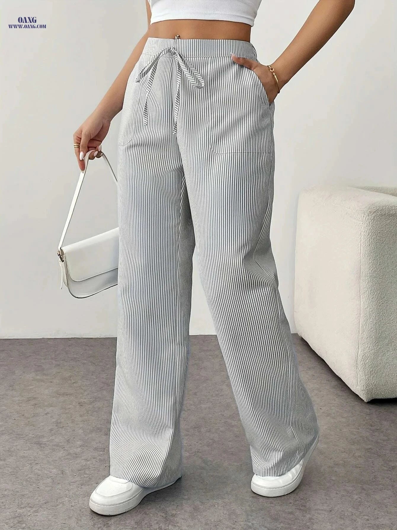 Women's High Waist Pinstriped Wide Leg Pants - Casual Spring Style   OAXG 
