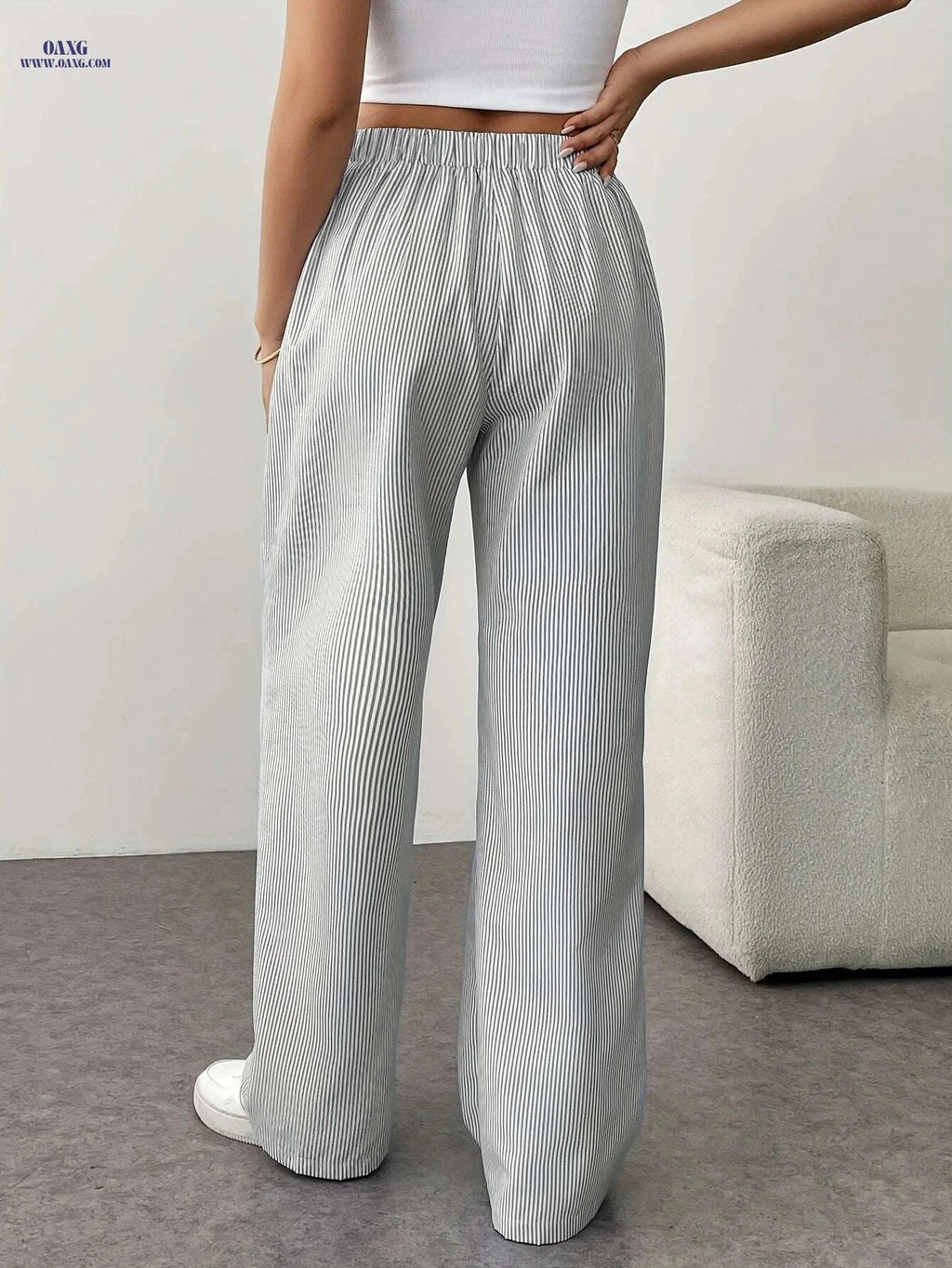 Women's High Waist Pinstriped Wide Leg Pants - Casual Spring Style   OAXG 