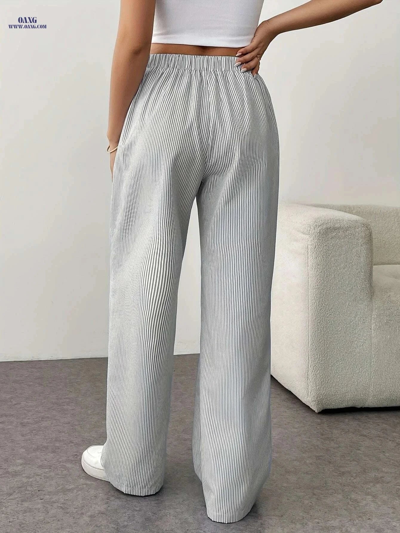 Women's High Waist Pinstriped Wide Leg Pants - Casual Spring Style   OAXG 