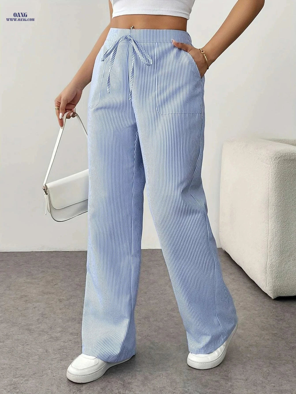Women's High Waist Pinstriped Wide Leg Pants - Casual Spring Style   OAXG Mixed Color / S