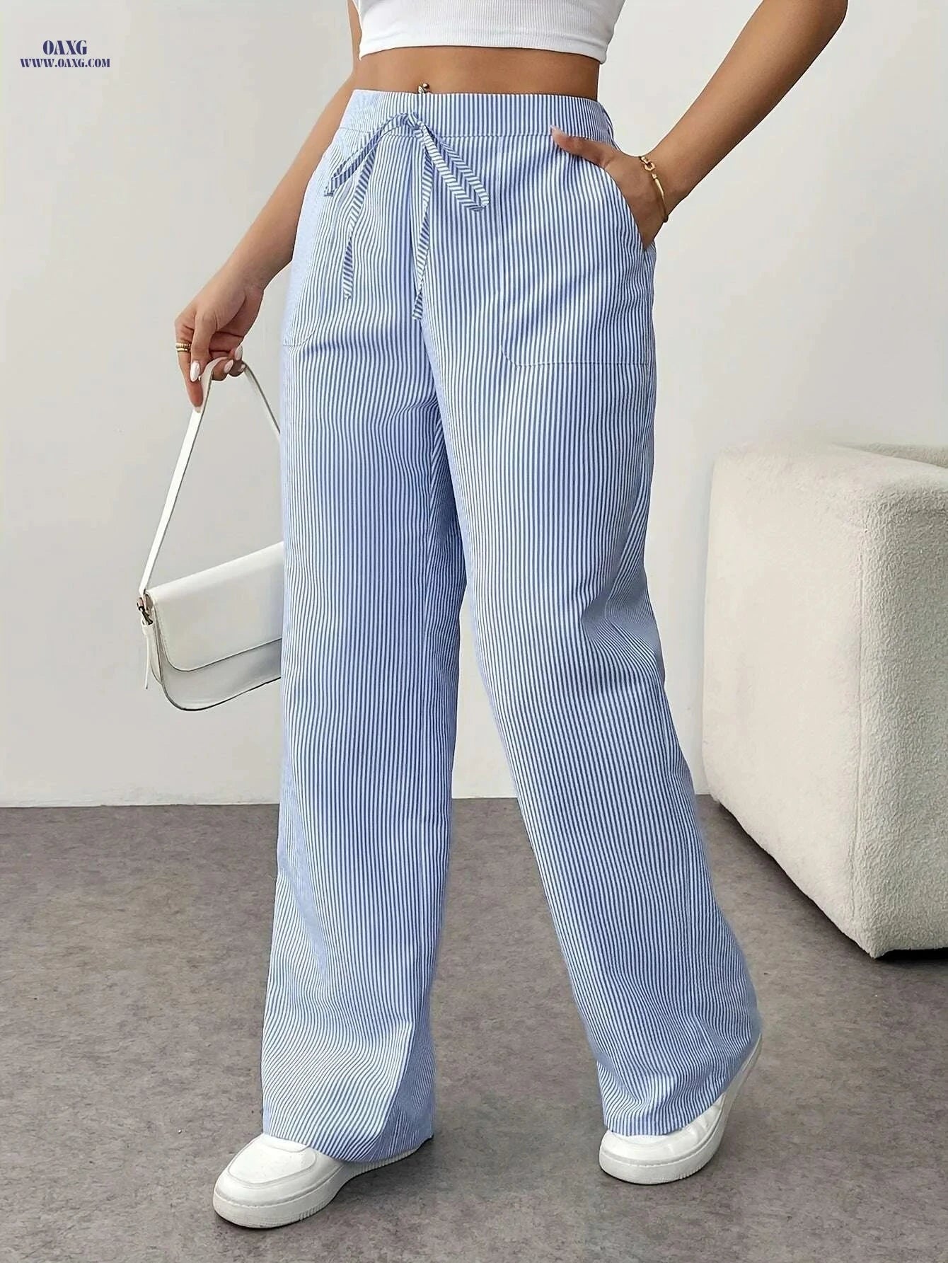 Women's High Waist Pinstriped Wide Leg Pants - Casual Spring Style   OAXG Mixed Color / S