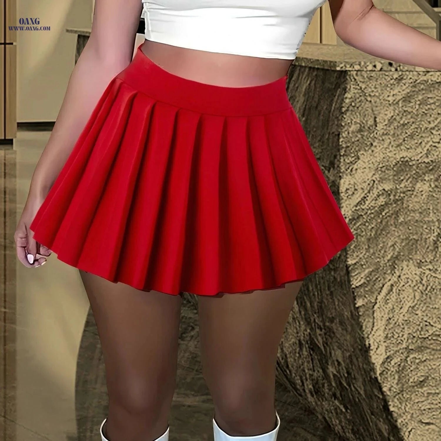 Women's High-Waist Pleated Mini Skirt - Solid Green for Casual Wear   OAXG 
