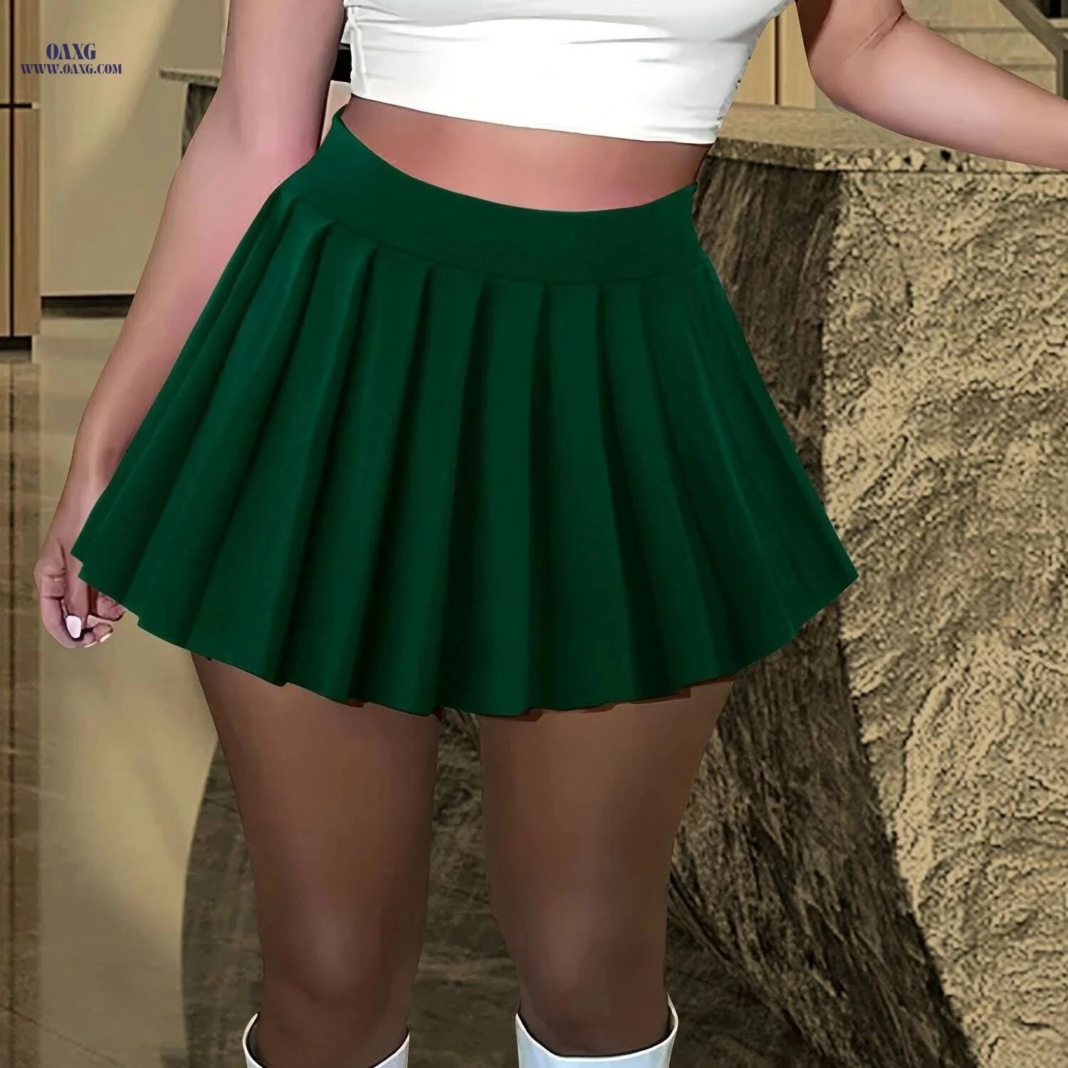 Women's High-Waist Pleated Mini Skirt - Solid Green for Casual Wear   OAXG 
