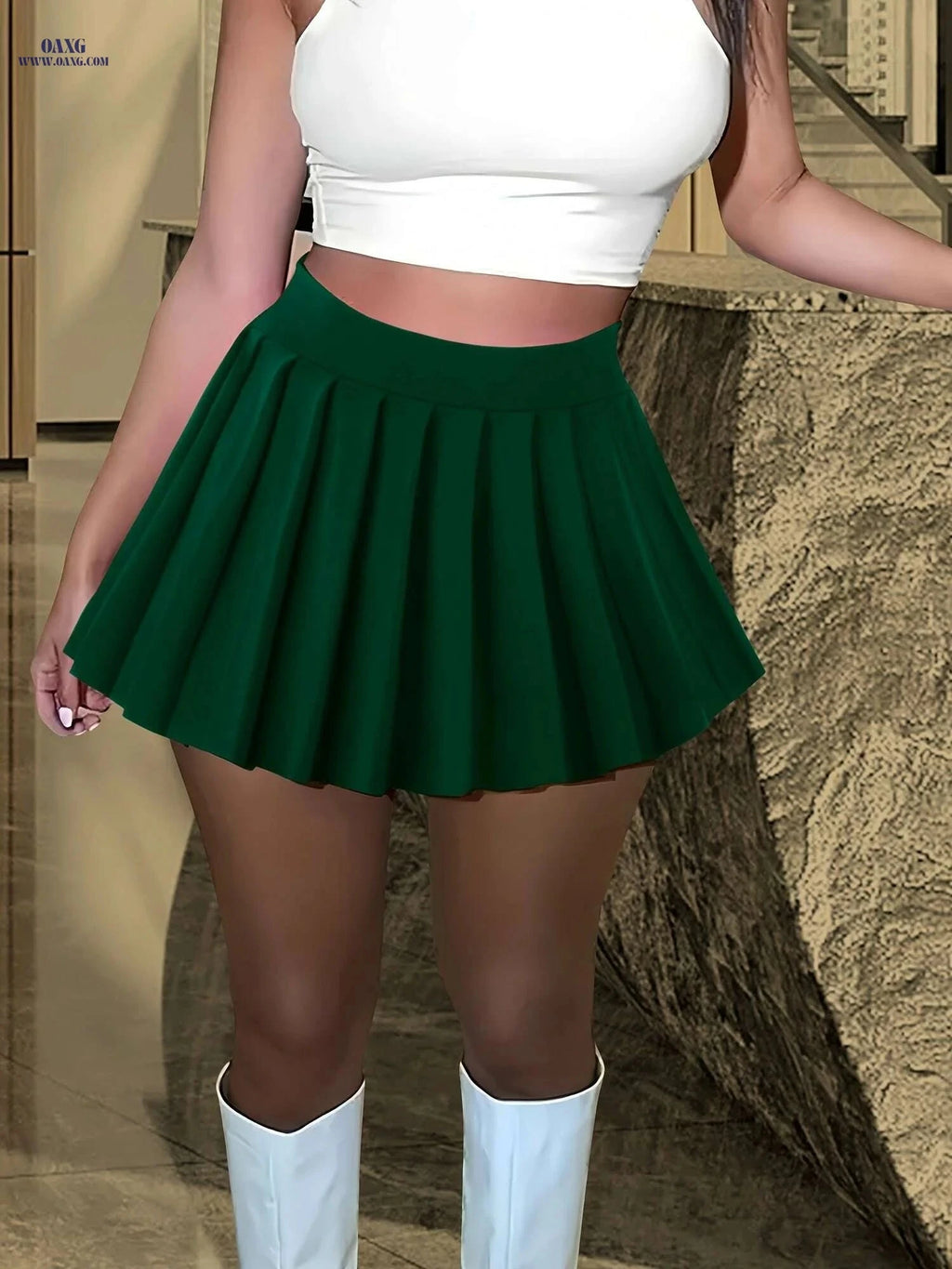 Women's High-Waist Pleated Mini Skirt - Solid Green for Casual Wear   OAXG Red / S