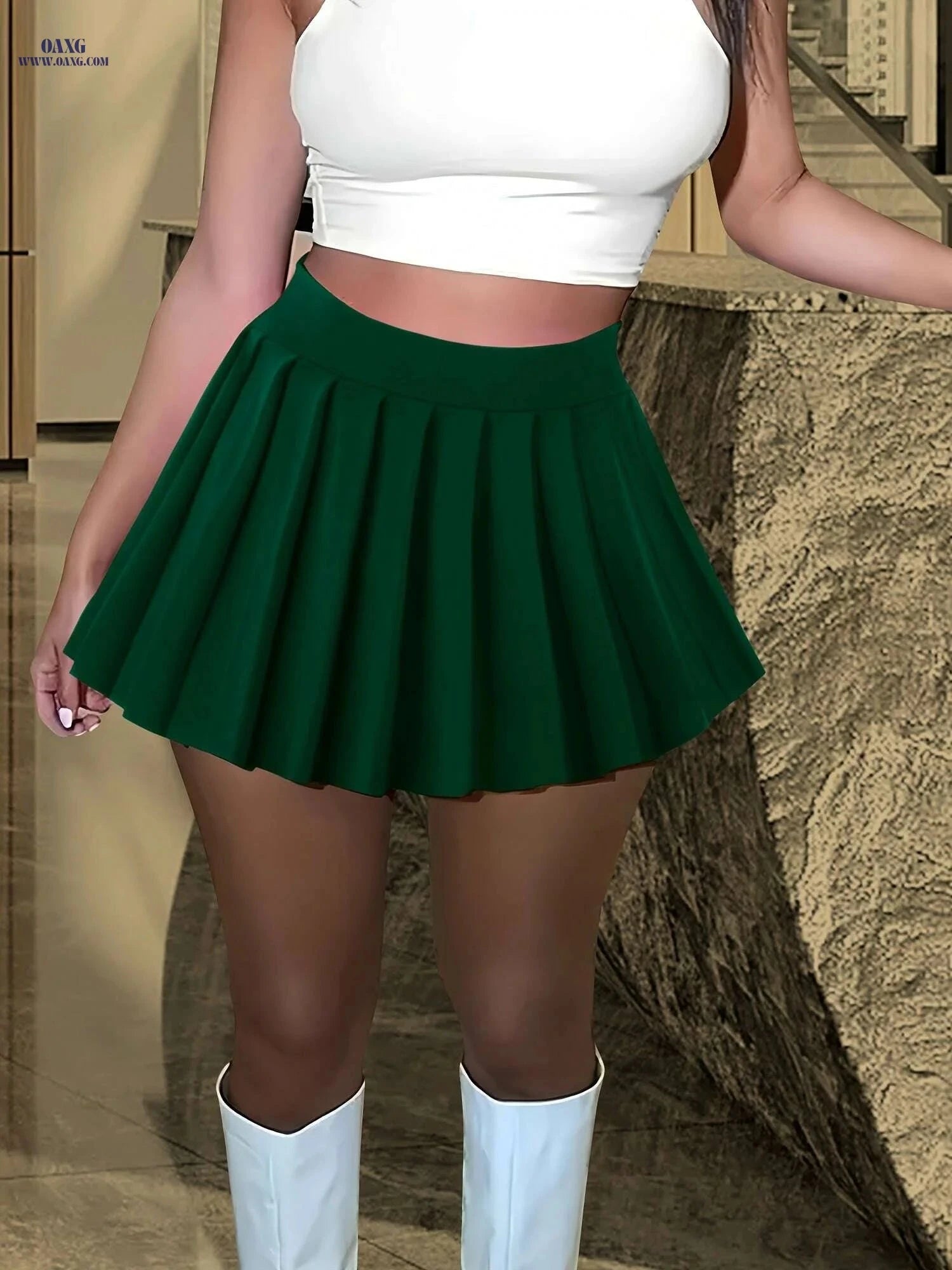 Women's High-Waist Pleated Mini Skirt - Solid Green for Casual Wear   OAXG Red / S