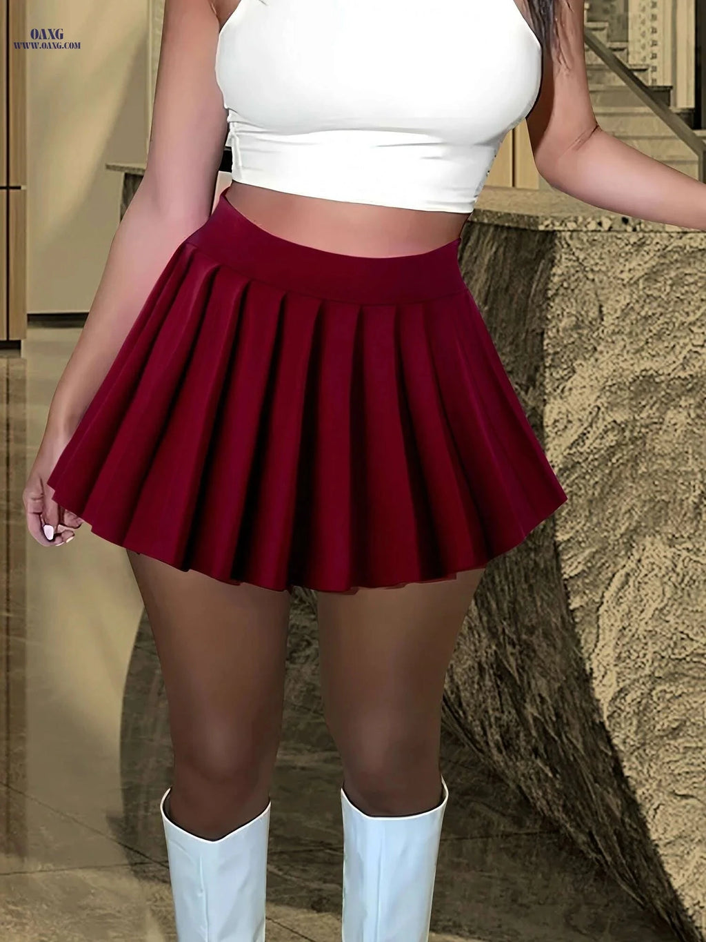Women's High-Waist Pleated Mini Skirt - Solid Green for Casual Wear   OAXG Red / S