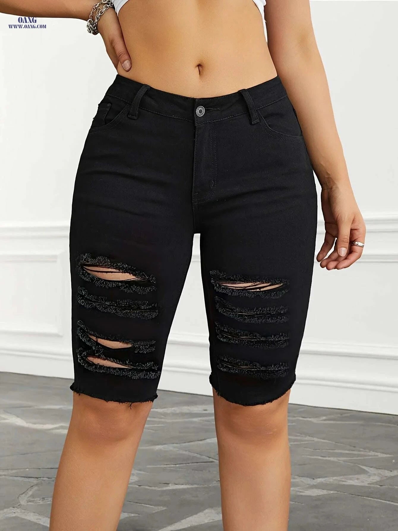 Women’s High-Waist Ripped Denim Bermuda Shorts - Slim Fit Casual   OAXG 