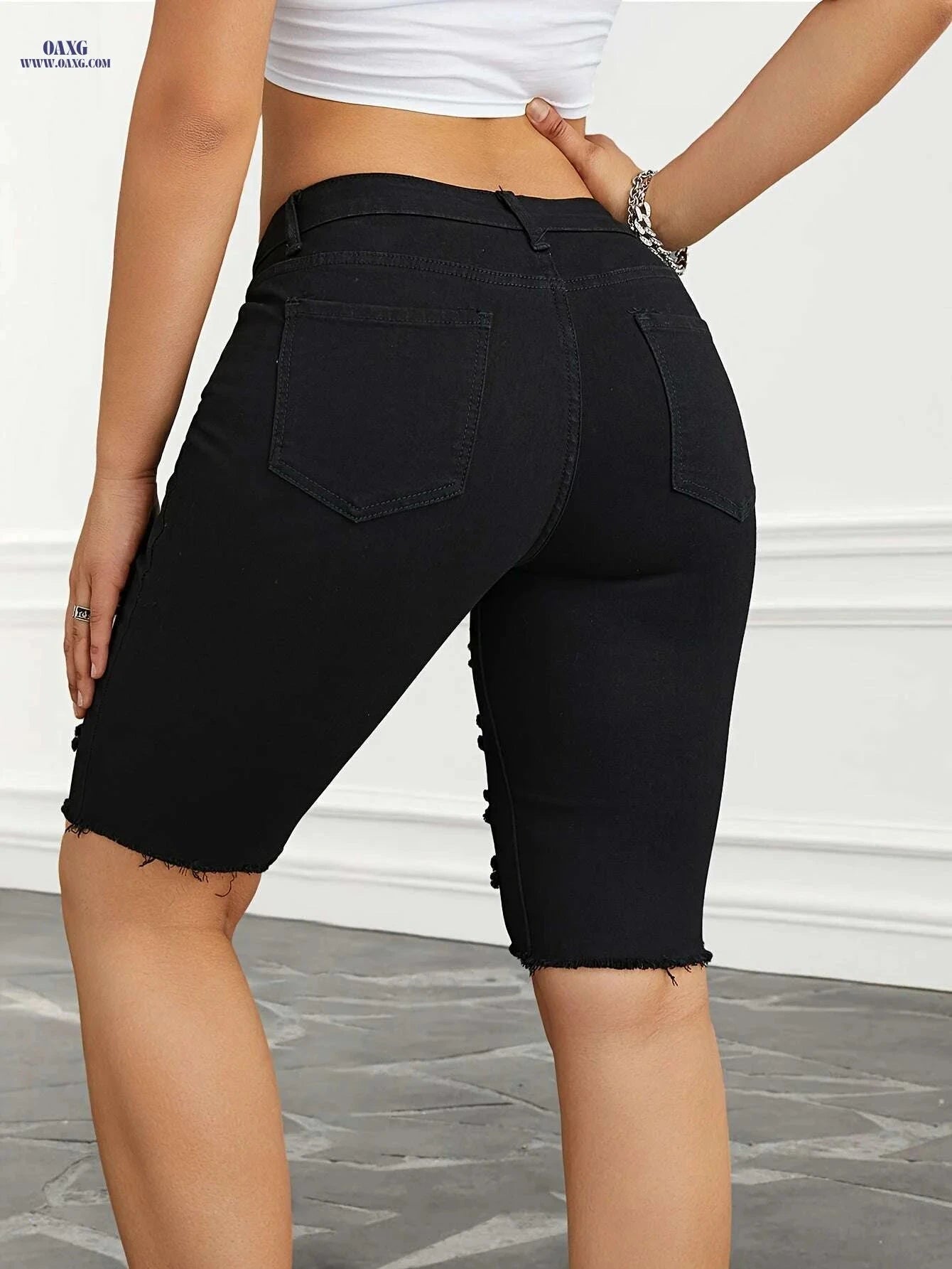 Women’s High-Waist Ripped Denim Bermuda Shorts - Slim Fit Casual   OAXG 