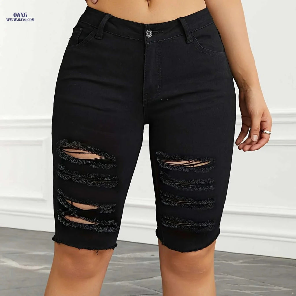 Women’s High-Waist Ripped Denim Bermuda Shorts - Slim Fit Casual   OAXG 