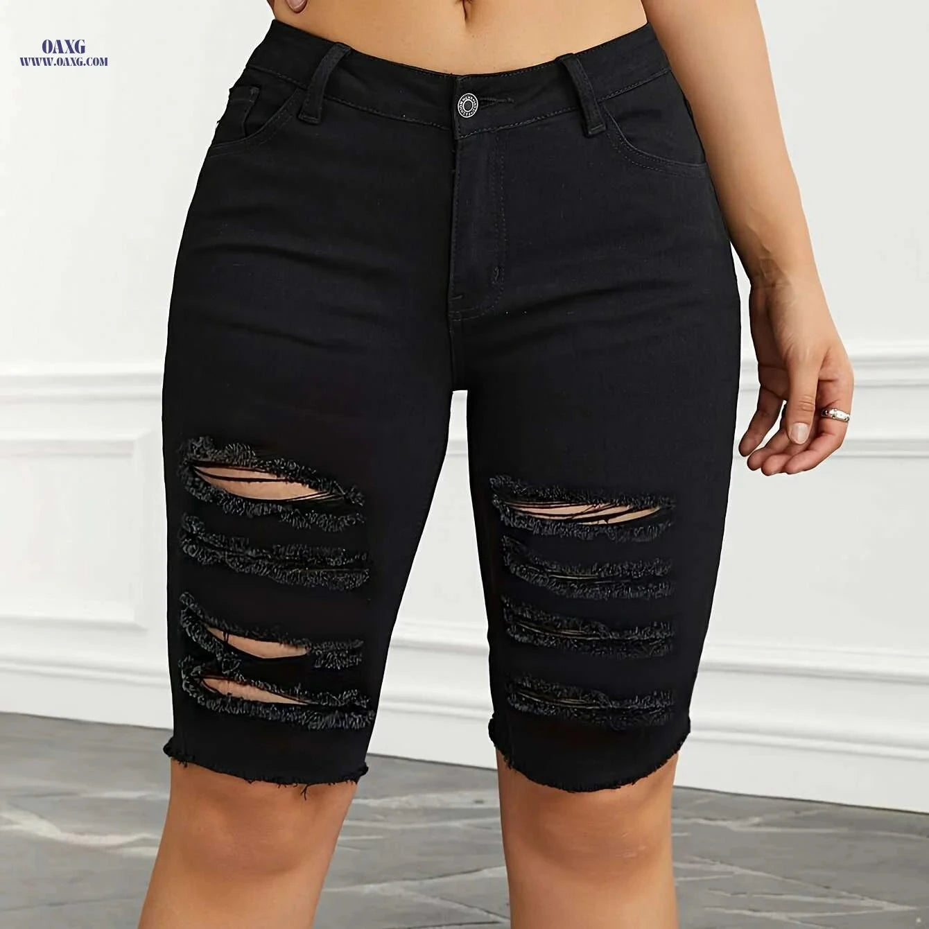 Women’s High-Waist Ripped Denim Bermuda Shorts - Slim Fit Casual   OAXG 