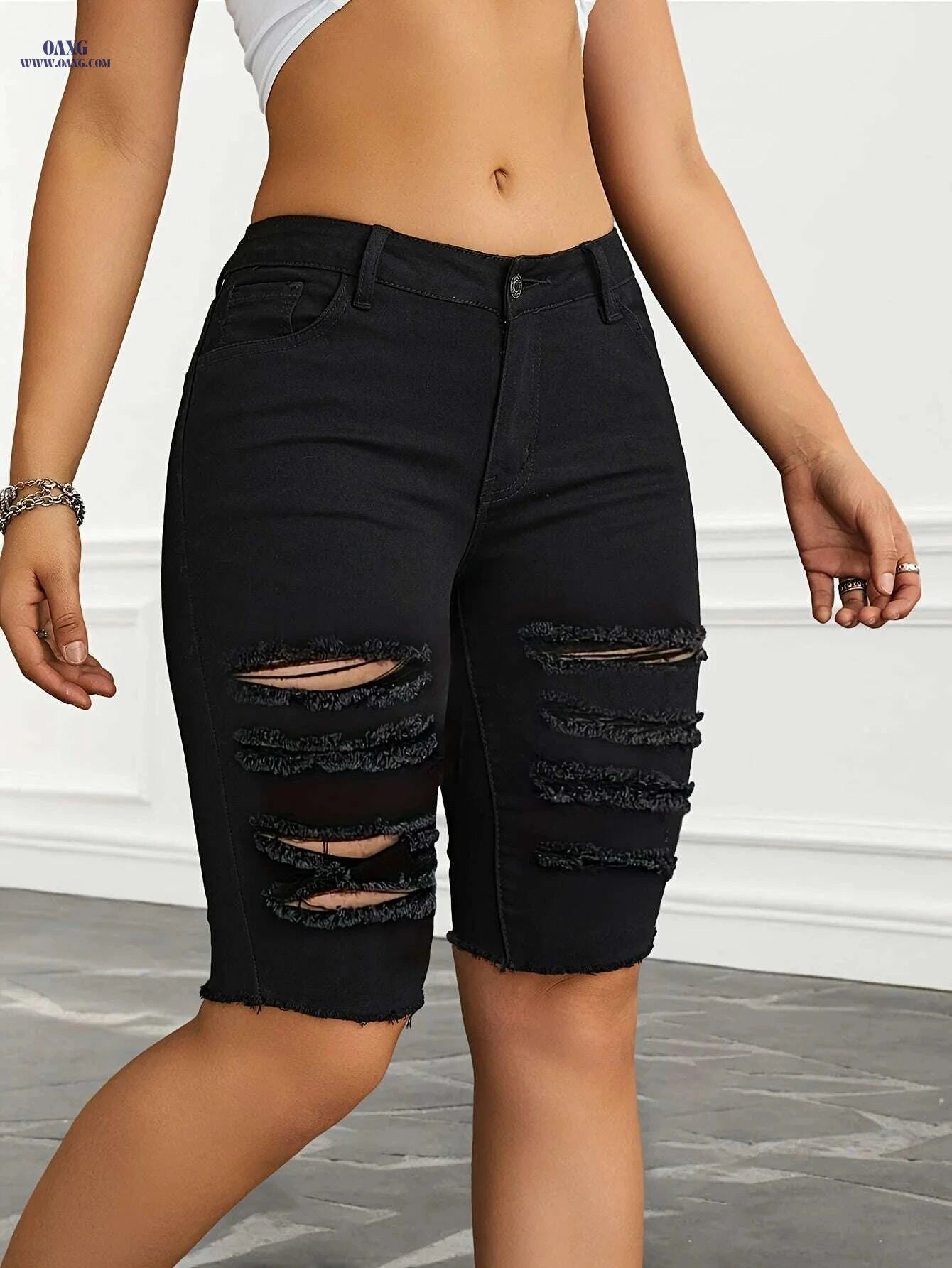 Women’s High-Waist Ripped Denim Bermuda Shorts - Slim Fit Casual   OAXG 
