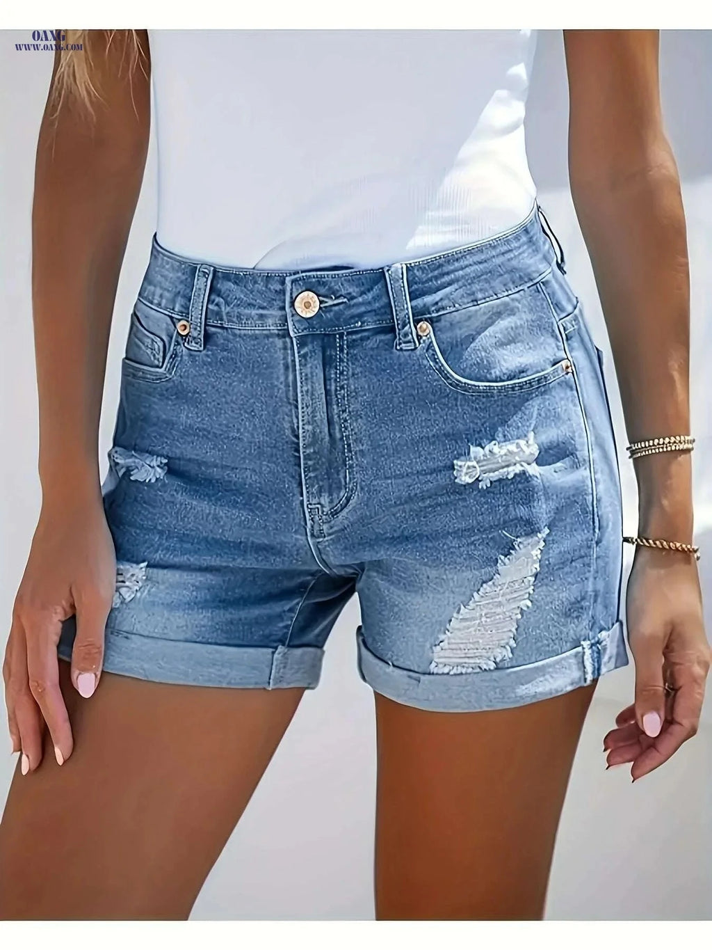 Women's High Waist Ripped Denim Shorts - Casual Stretch Blue Jean Fashion   OAXG 