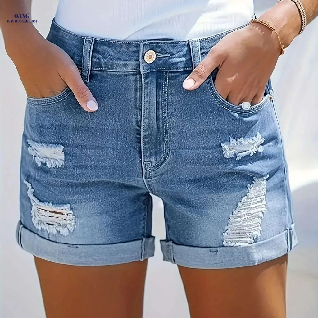 Women's High Waist Ripped Denim Shorts - Casual Stretch Blue Jean Fashion   OAXG 
