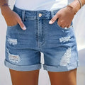 Women's High Waist Ripped Denim Shorts - Casual Stretch Blue Jean Fashion   OAXG 