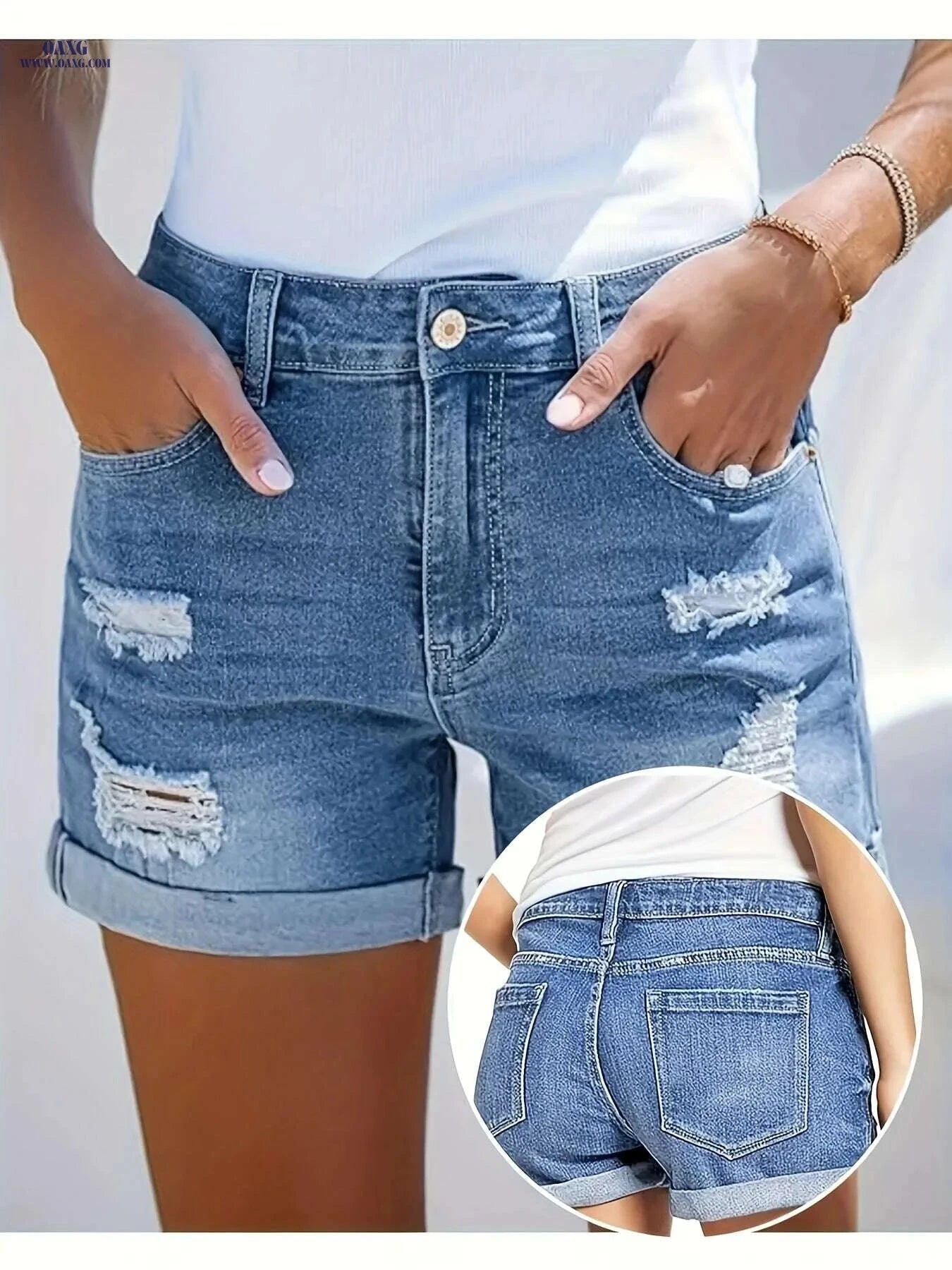 Women's High Waist Ripped Denim Shorts - Casual Stretch Blue Jean Fashion   OAXG 