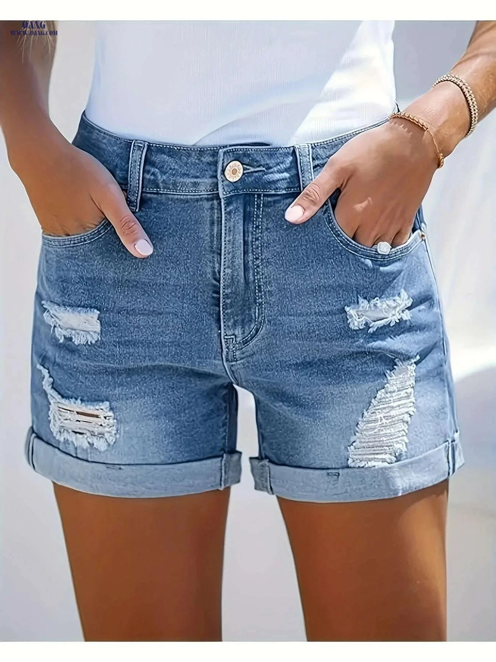 Women's High Waist Ripped Denim Shorts - Casual Stretch Blue Jean Fashion   OAXG 