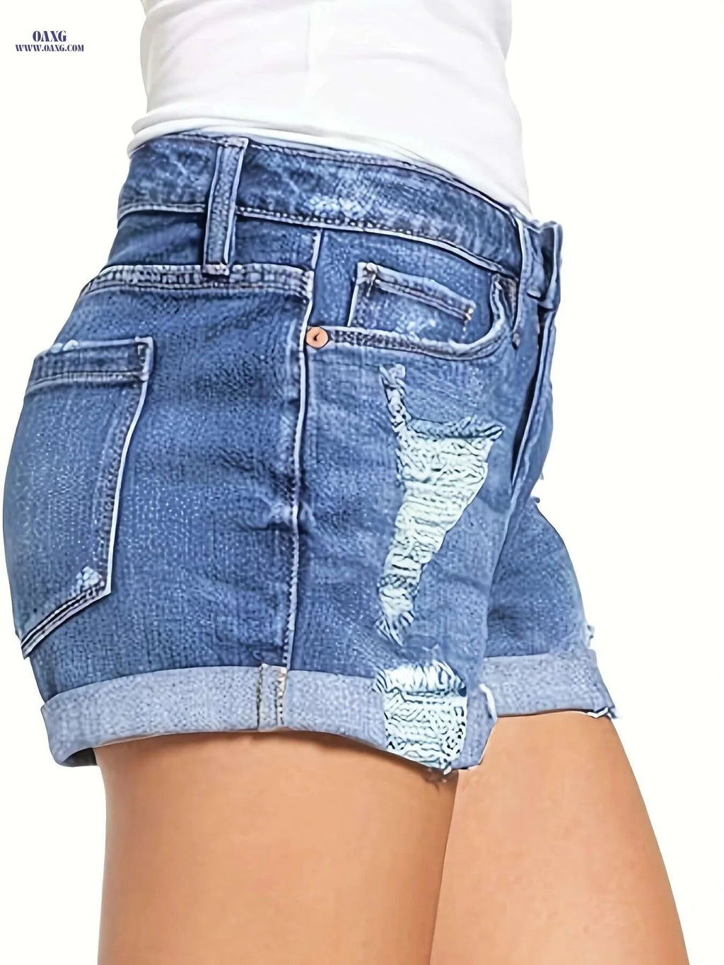 Women's High Waist Ripped Denim Shorts - Casual Stretch Blue Jean Fashion   OAXG 