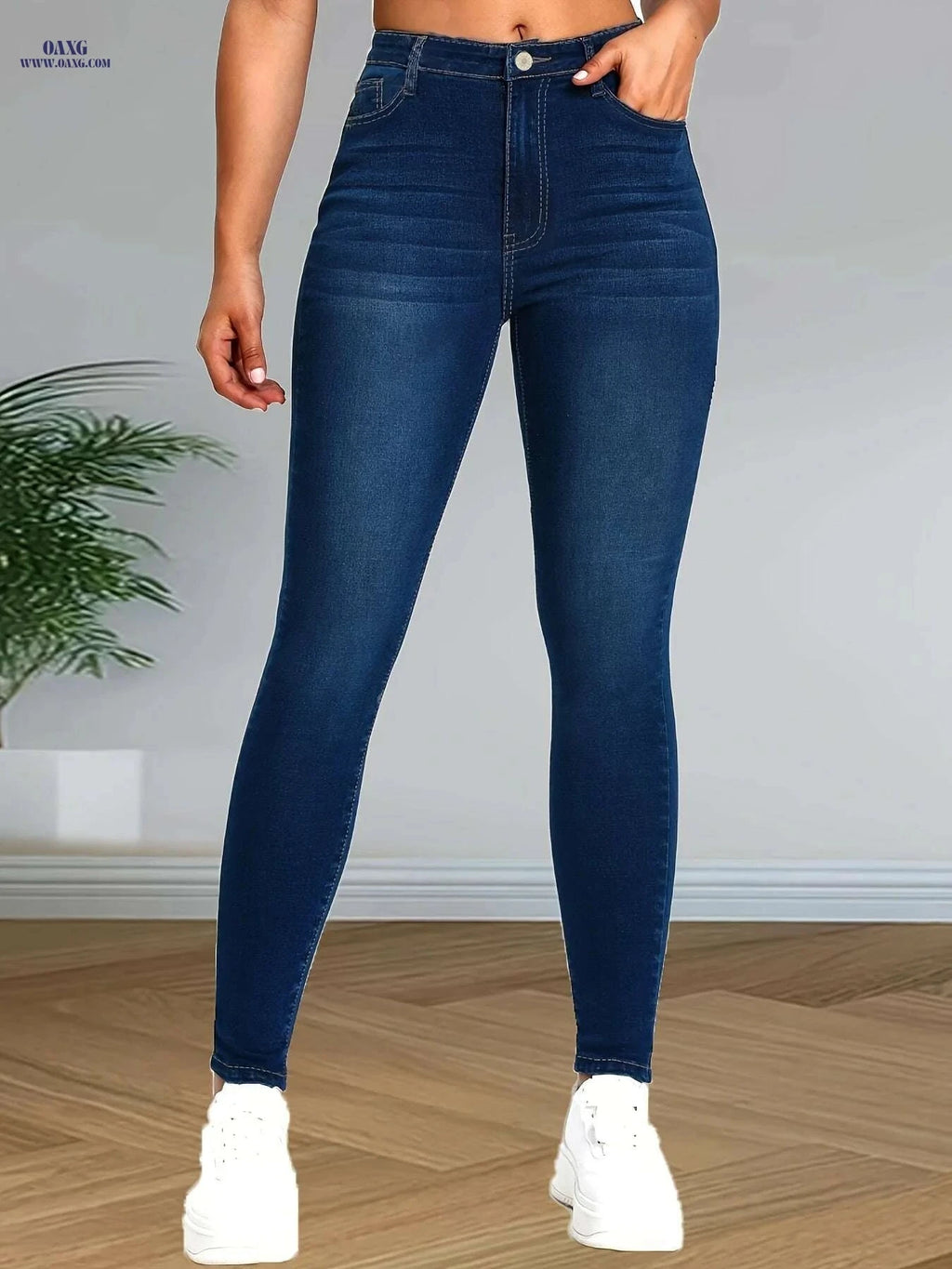 Women's High-Waist Skinny Jeans - Soft, Comfortable Deep Blue Denim   OAXG 