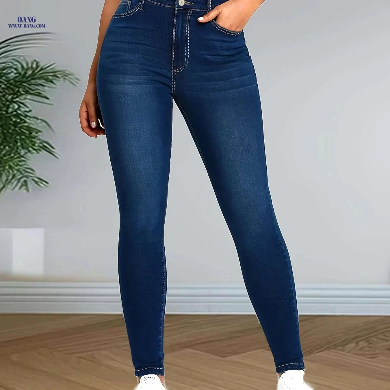 Women's High-Waist Skinny Jeans - Soft, Comfortable Deep Blue Denim   OAXG Medium Blue / XS