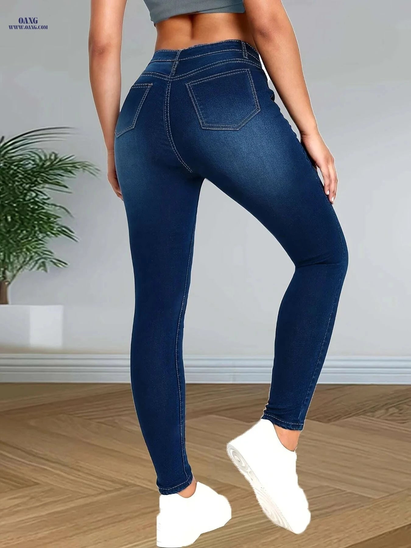Women's High-Waist Skinny Jeans - Soft, Comfortable Deep Blue Denim   OAXG Medium Blue / XS