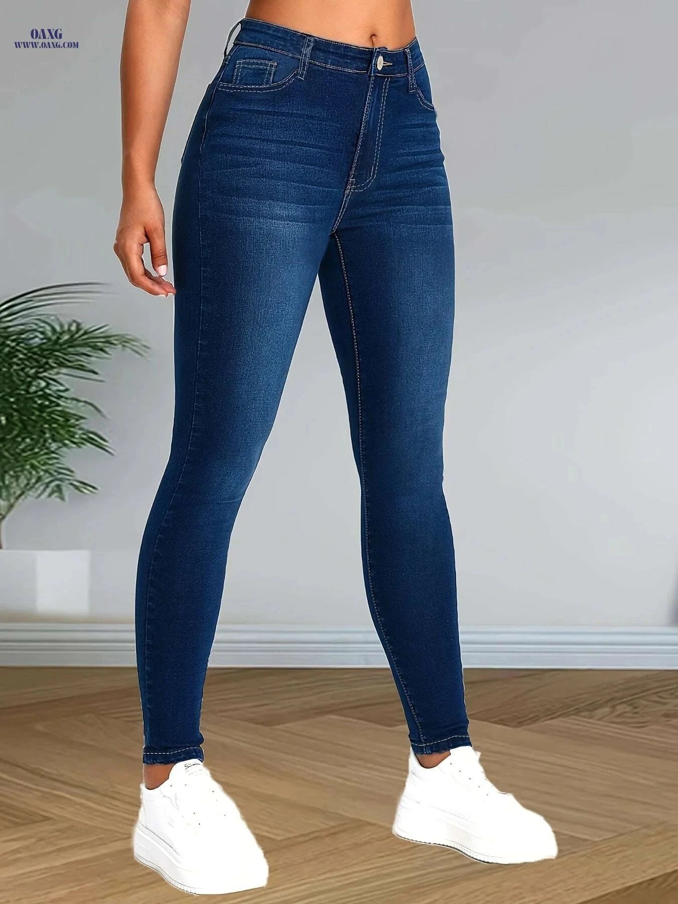 Women's High-Waist Skinny Jeans - Soft, Comfortable Deep Blue Denim   OAXG Medium Blue / XS