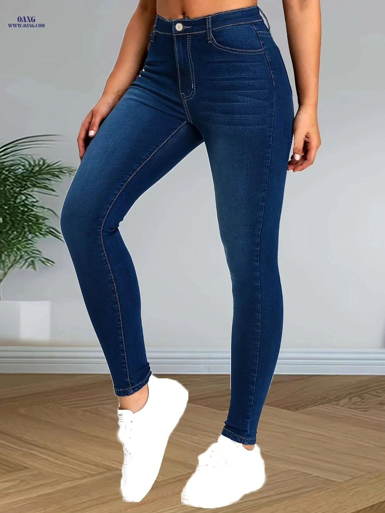 Women's High-Waist Skinny Jeans - Soft, Comfortable Deep Blue Denim   OAXG 