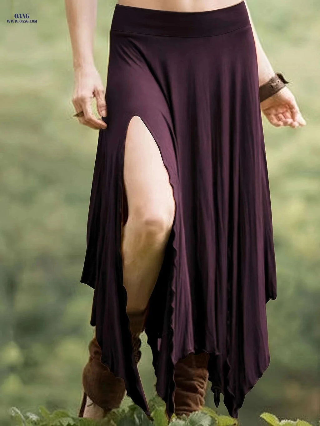 Women's High Waist Split Skirt - Asymmetrical Hem for Spring/Summer   OAXG Rust / XS