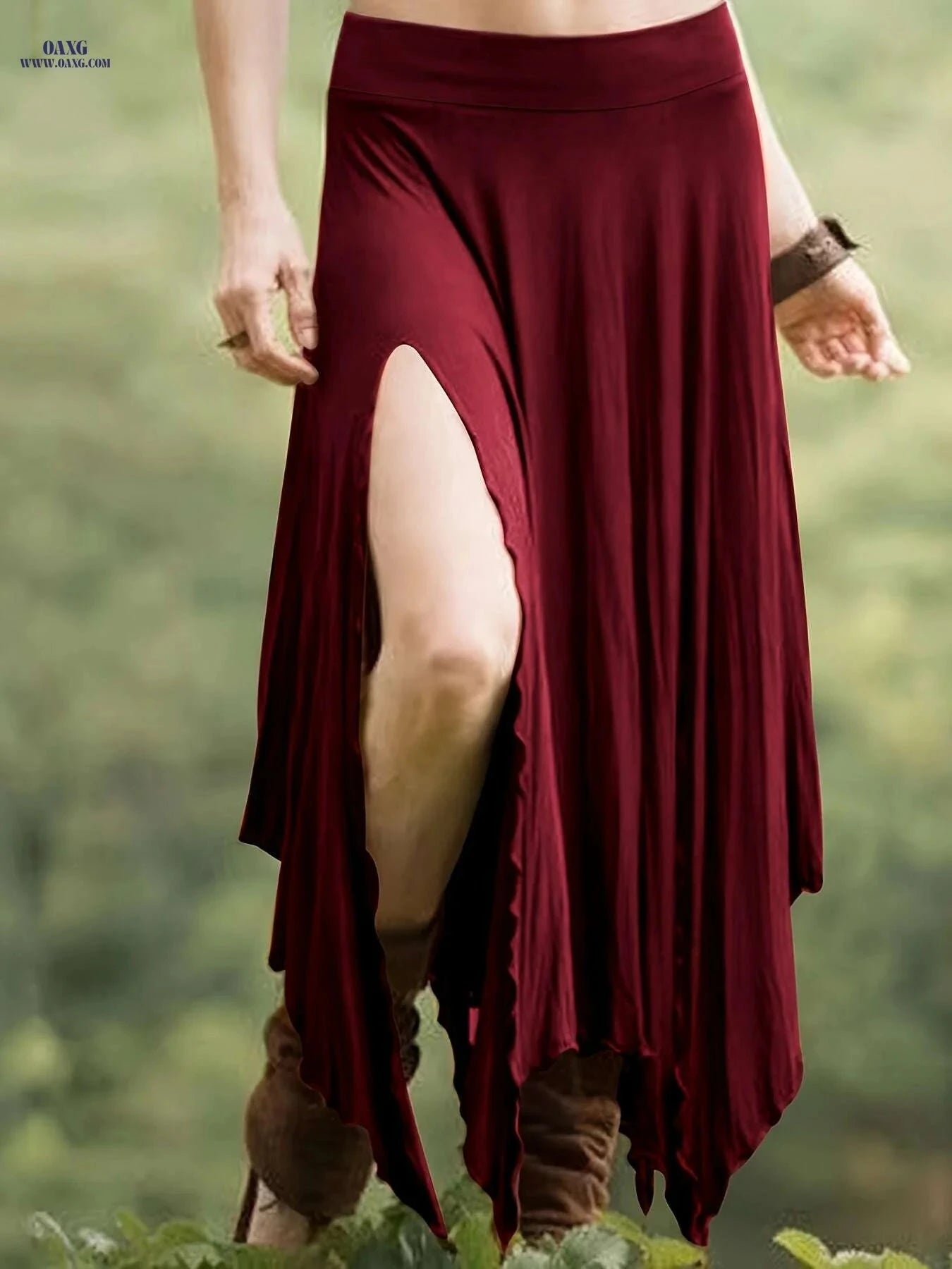Women's High Waist Split Skirt - Asymmetrical Hem for Spring/Summer   OAXG Rust / XS