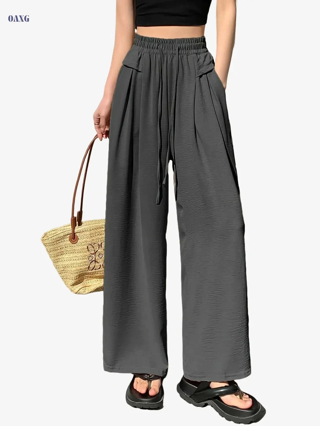 Women's High Waist Sports Culottes - Drawstring Wide-Leg Pants   OAXG 