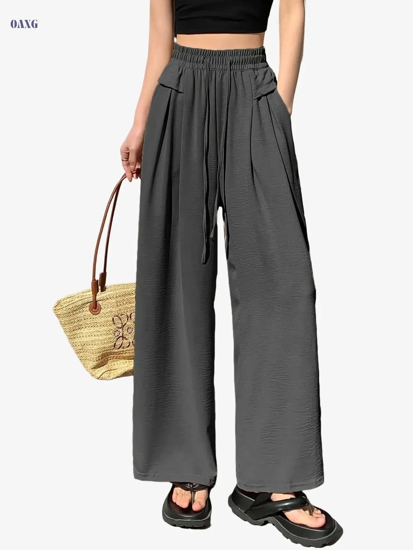 Women's High Waist Sports Culottes - Drawstring Wide-Leg Pants   OAXG 