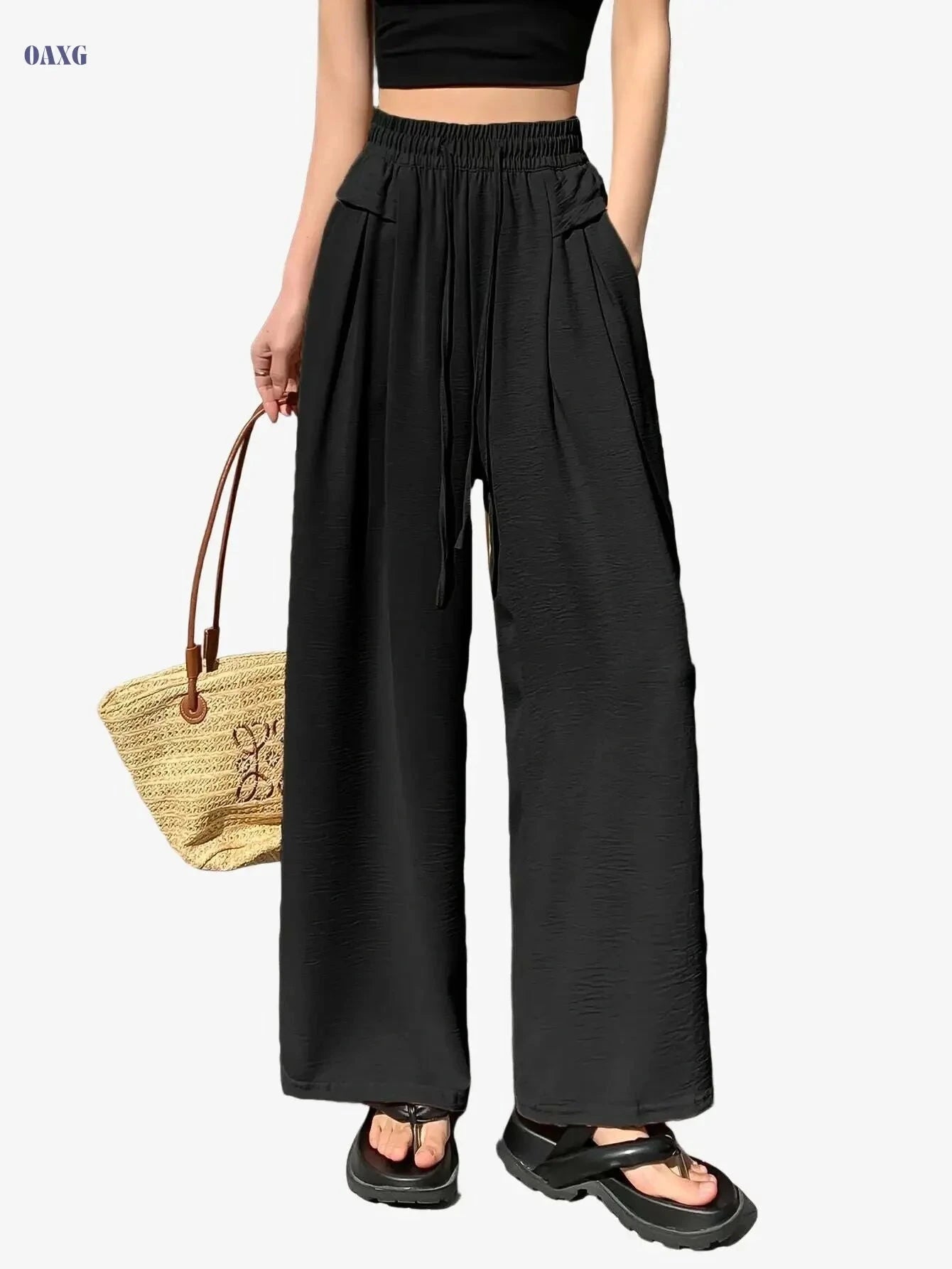 Women's High Waist Sports Culottes - Drawstring Wide-Leg Pants   OAXG Black / S