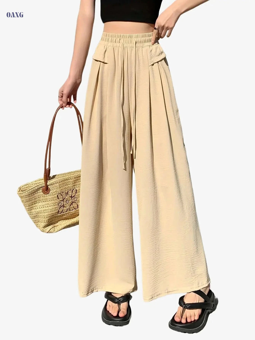 Women's High Waist Sports Culottes - Drawstring Wide-Leg Pants   OAXG Black / S