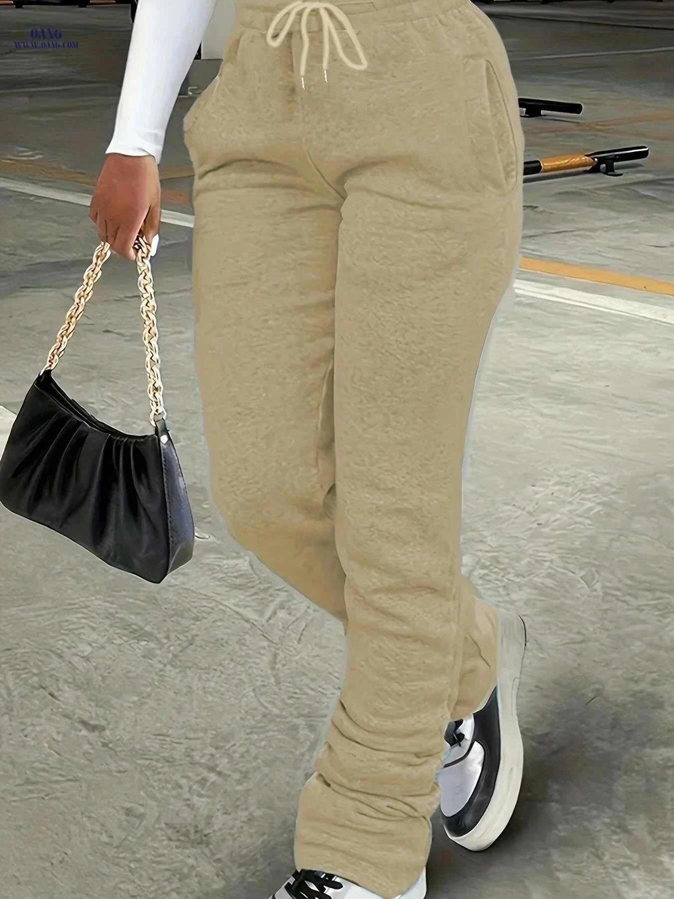 Women's High Waist Straight-Leg Jogger Pants - Casual Drawstring Trousers   OAXG Light Grey / S