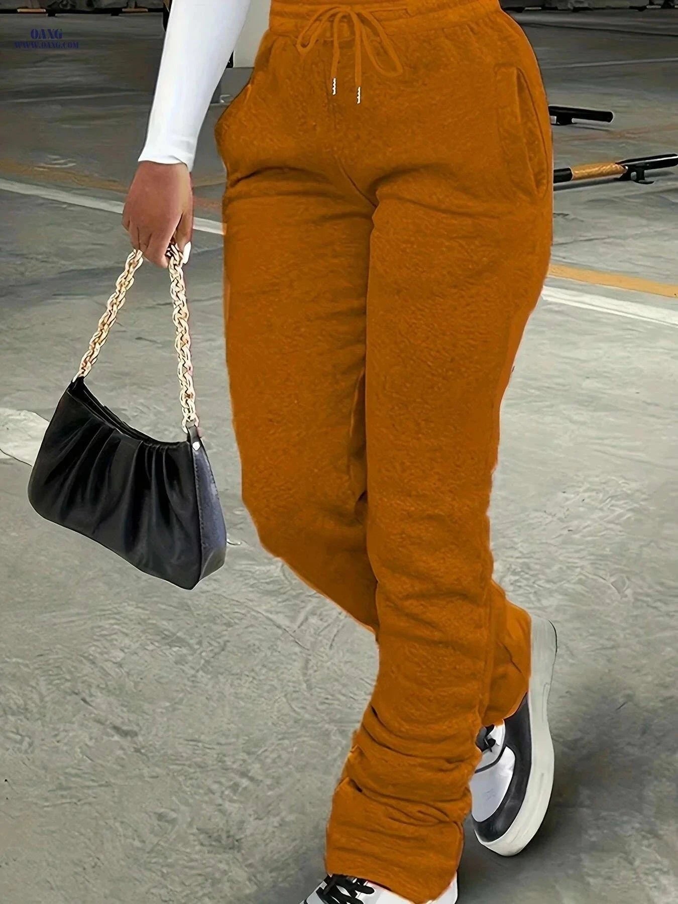 Women's High Waist Straight-Leg Jogger Pants - Casual Drawstring Trousers   OAXG Light Grey / S