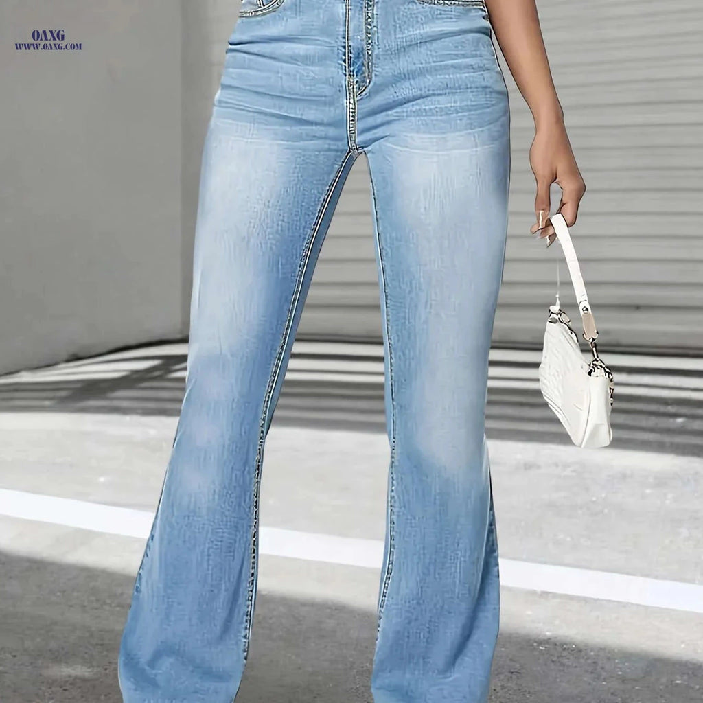 Women's High-Waist Stretch Blue Flare Jeans - Soft Denim Casual Style   OAXG Blue / XS