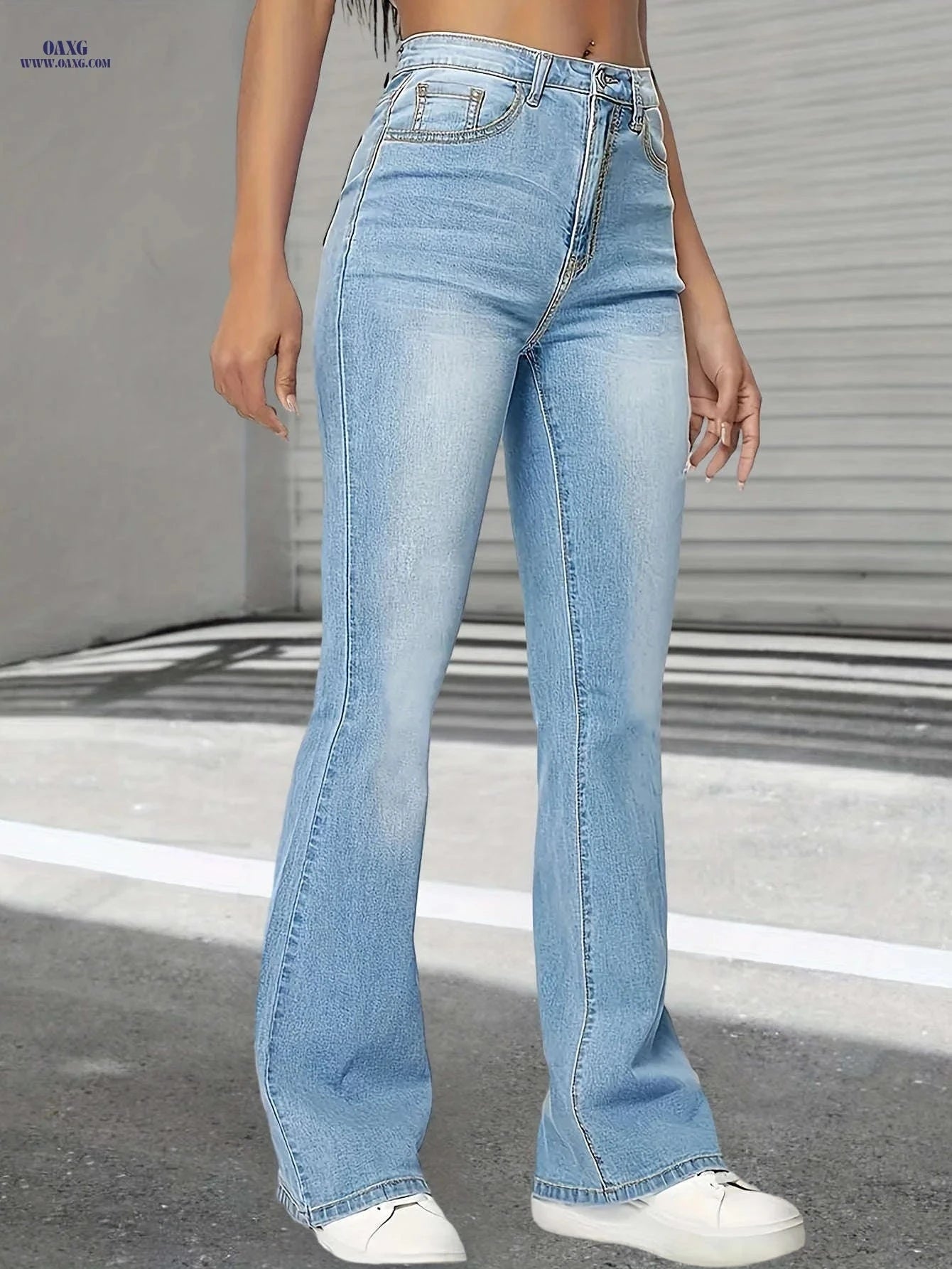 Women's High-Waist Stretch Blue Flare Jeans - Soft Denim Casual Style   OAXG Blue / XS