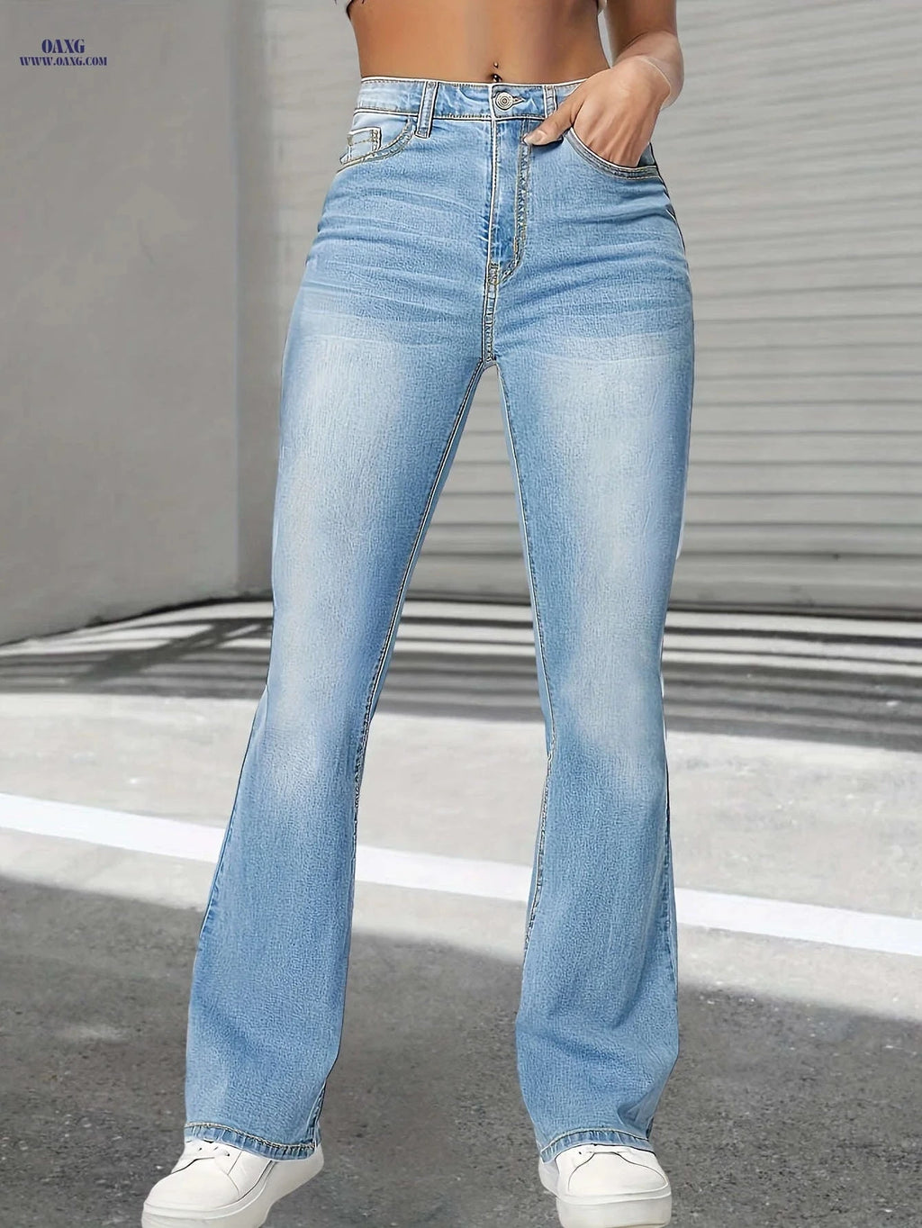 Women's High-Waist Stretch Blue Flare Jeans - Soft Denim Casual Style   OAXG Blue / XS