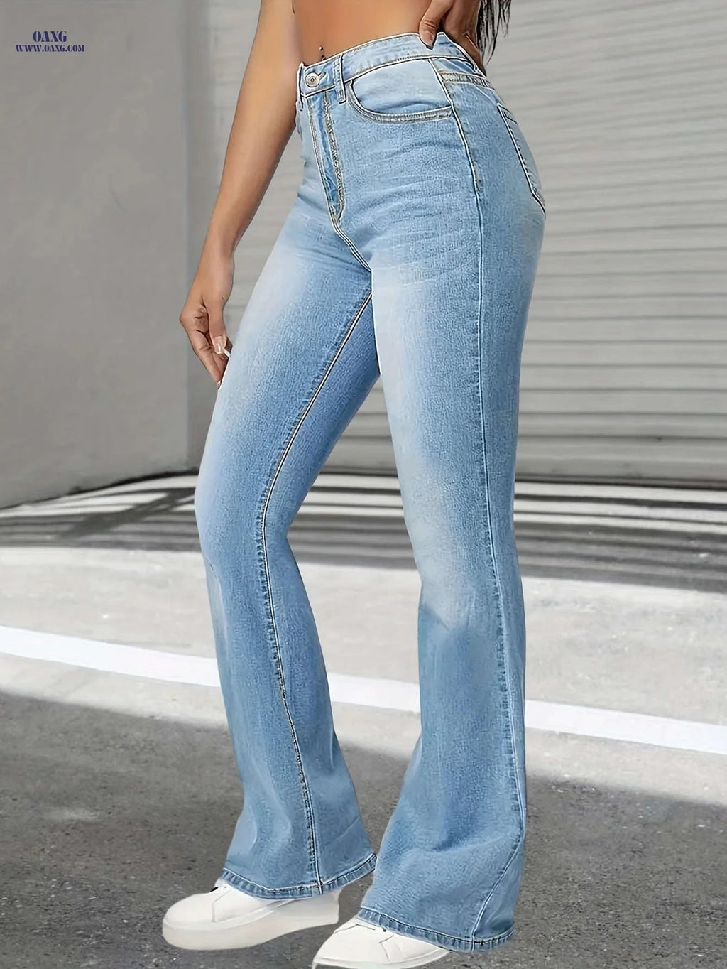 Women's High-Waist Stretch Blue Flare Jeans - Soft Denim Casual Style   OAXG Blue / XS