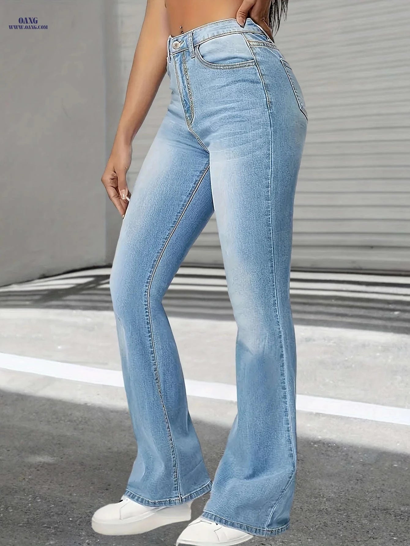 Women's High-Waist Stretch Blue Flare Jeans - Soft Denim Casual Style   OAXG Blue / XS