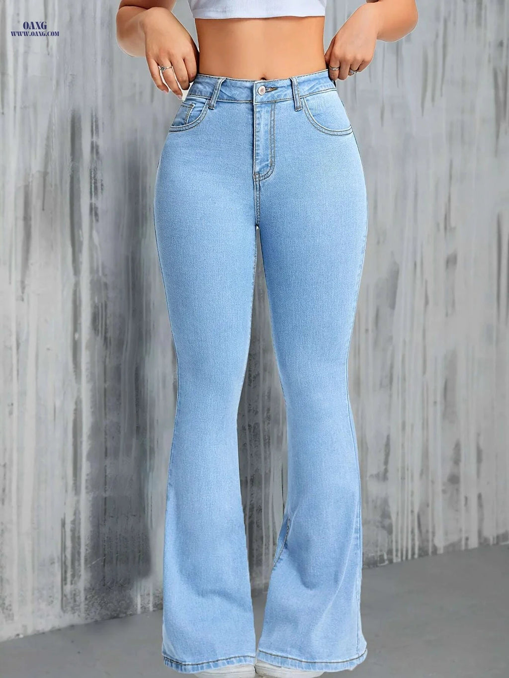 Women's High-Waist Stretch Denim Flare Jeans - Light Blue Slim Fit   OAXG 