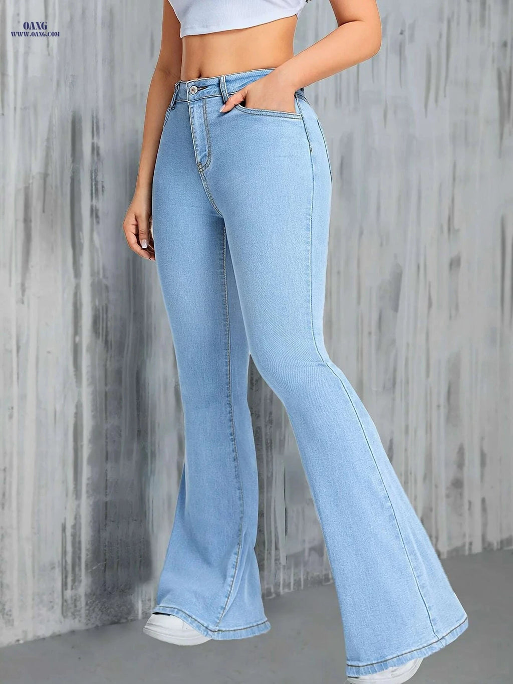 Women's High-Waist Stretch Denim Flare Jeans - Light Blue Slim Fit   OAXG 