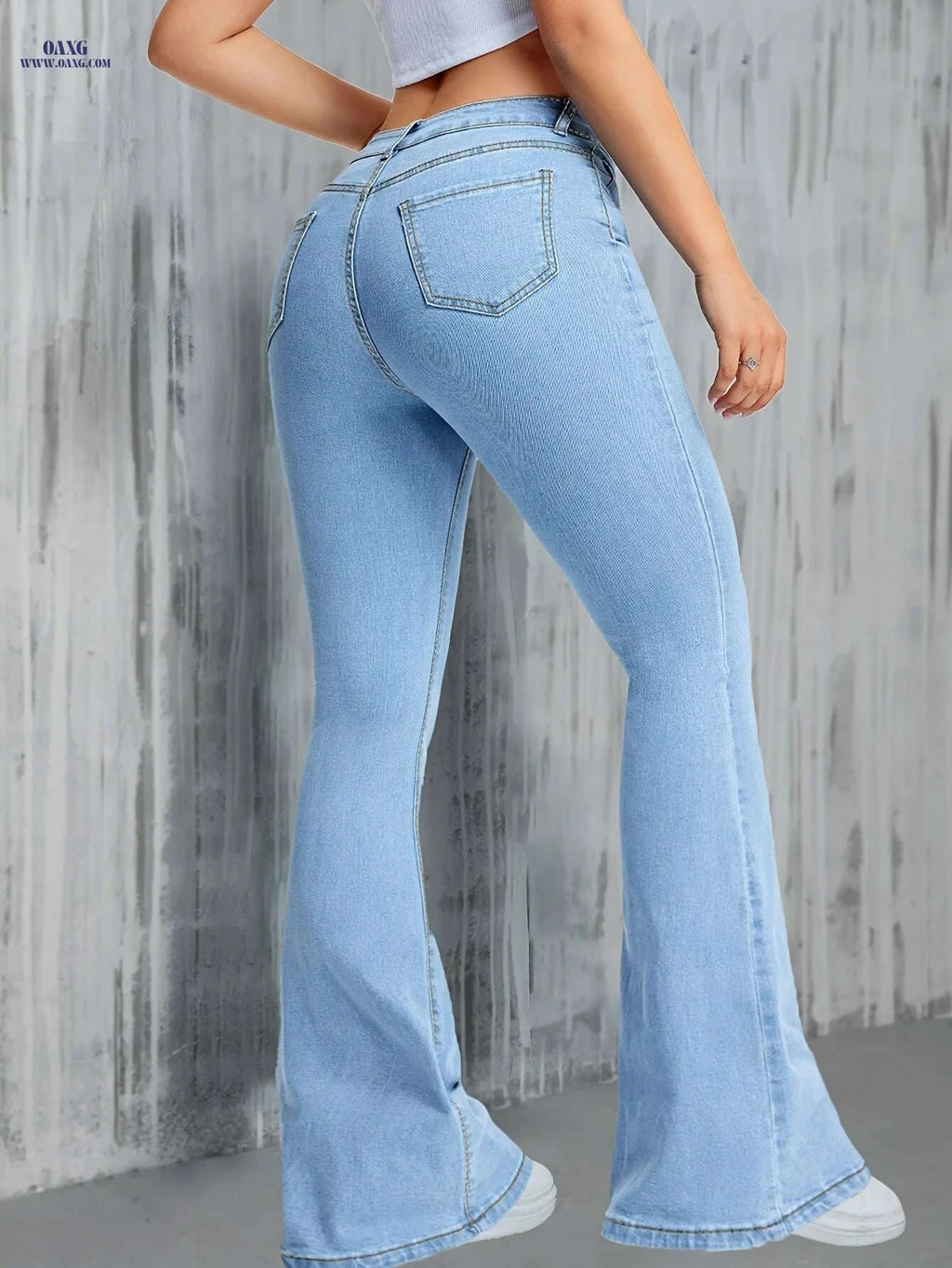 Women's High-Waist Stretch Denim Flare Jeans - Light Blue Slim Fit   OAXG 