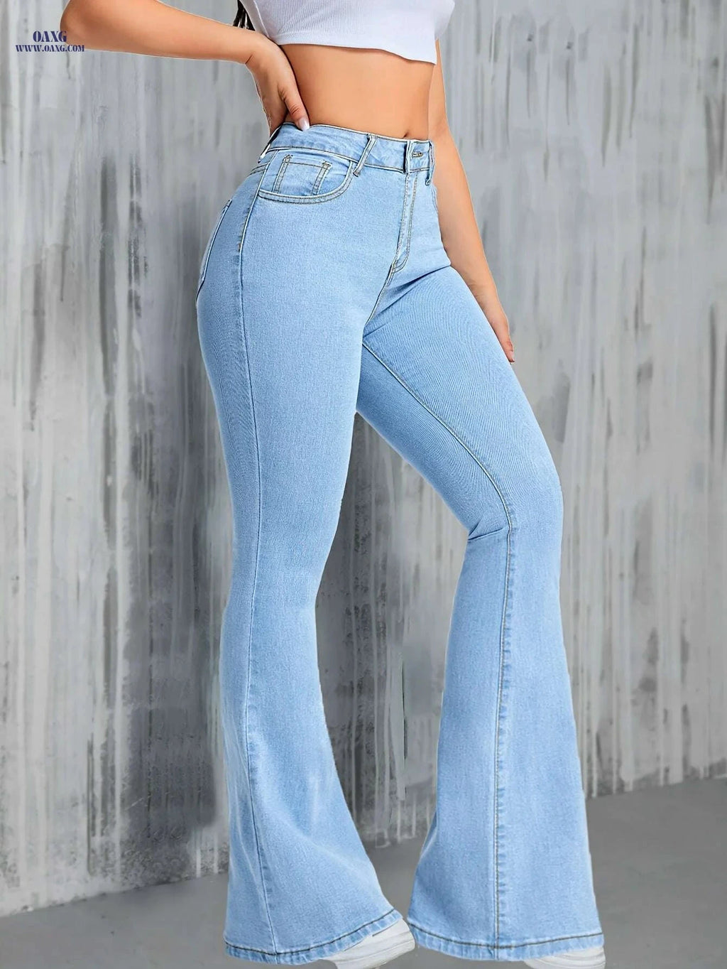 Women's High-Waist Stretch Denim Flare Jeans - Light Blue Slim Fit   OAXG Light Blue / XS