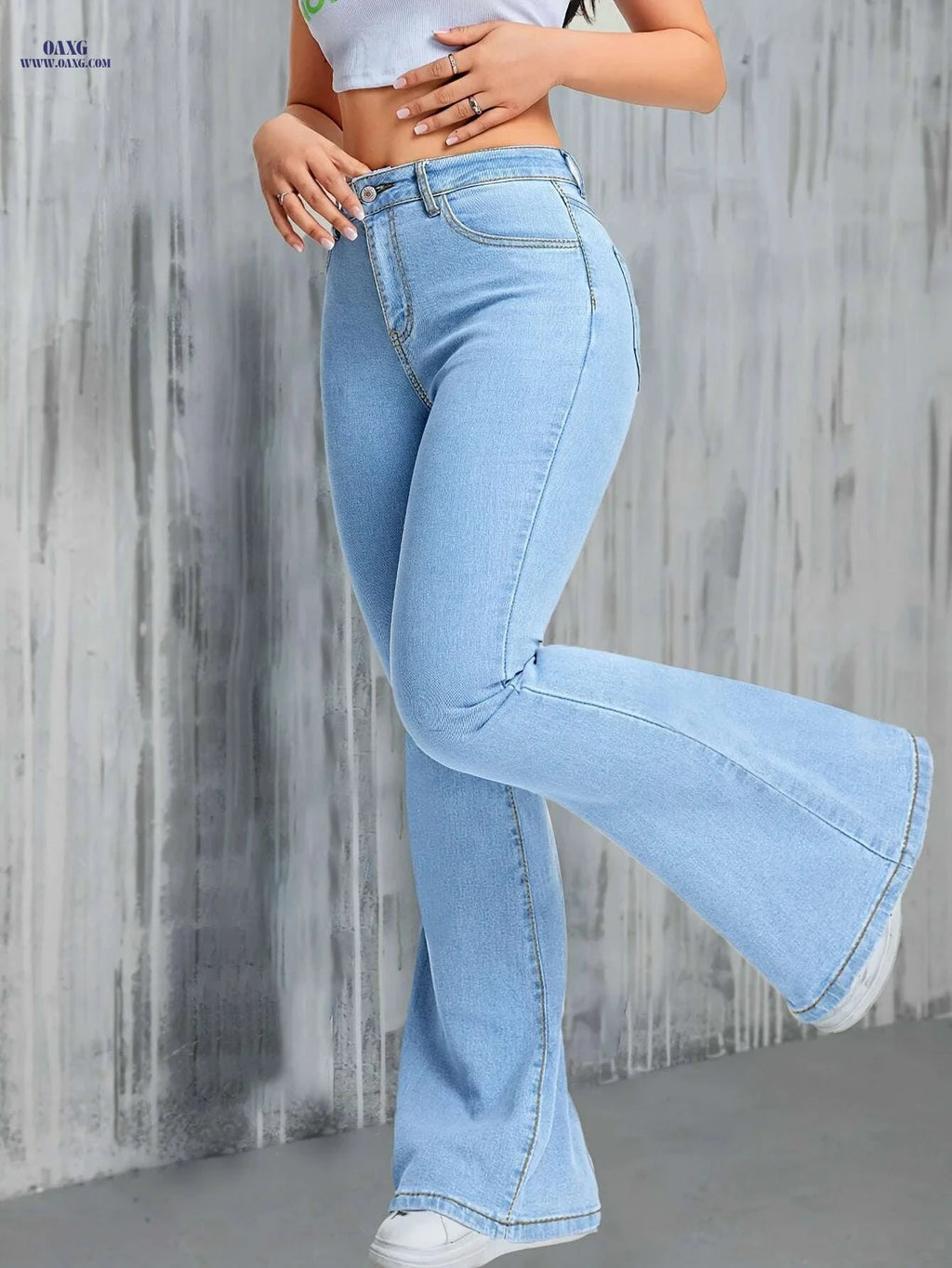 Women's High-Waist Stretch Denim Flare Jeans - Light Blue Slim Fit   OAXG Light Blue / XS