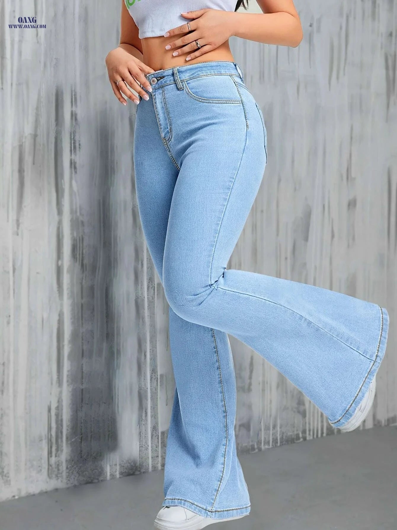 Women's High-Waist Stretch Denim Flare Jeans - Light Blue Slim Fit   OAXG Light Blue / XS