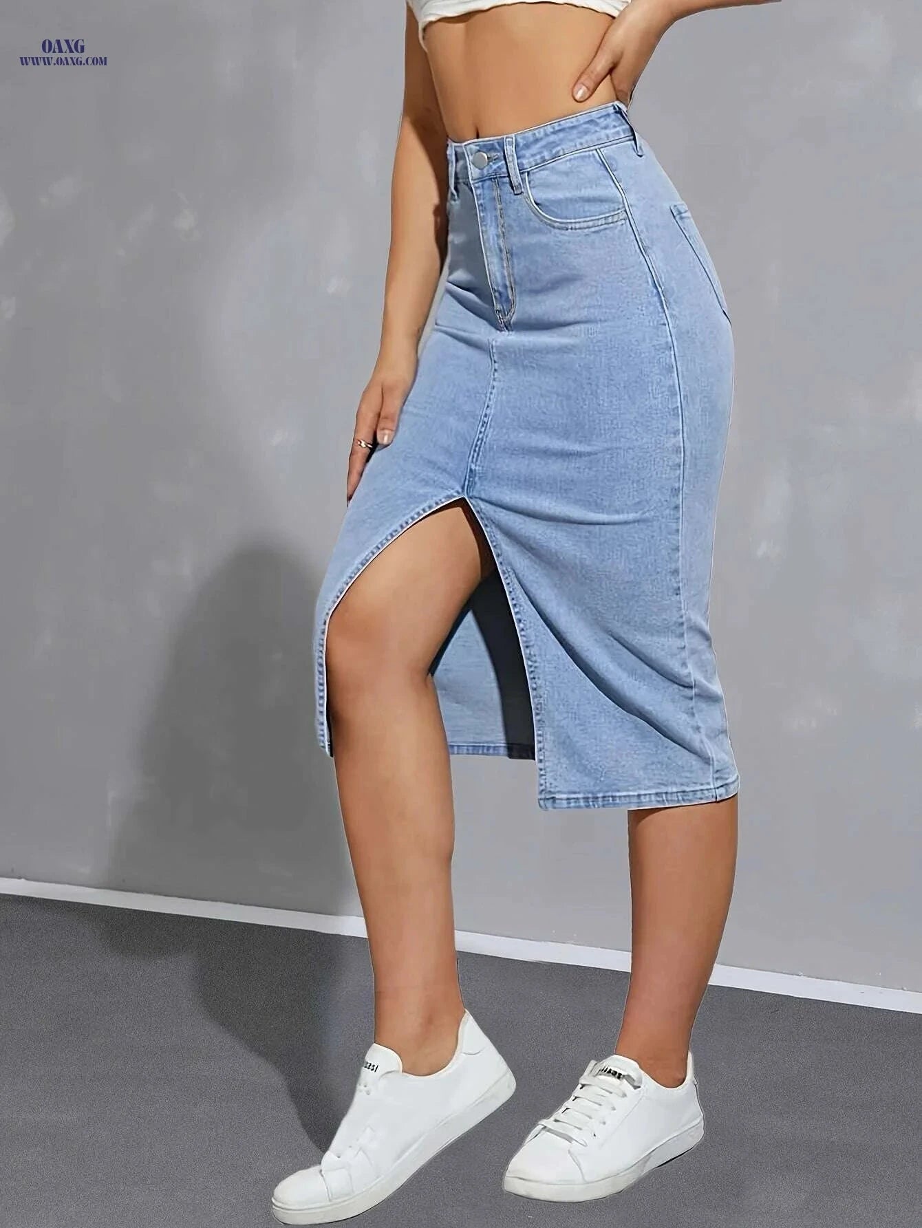 Women's High-Waist Stretch Denim Midi Skirt - Casual Slim Fit Light Blue   OAXG 