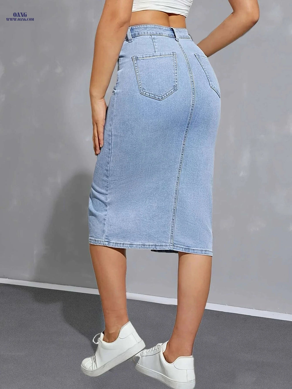 Women's High-Waist Stretch Denim Midi Skirt - Casual Slim Fit Light Blue   OAXG Blue / XS