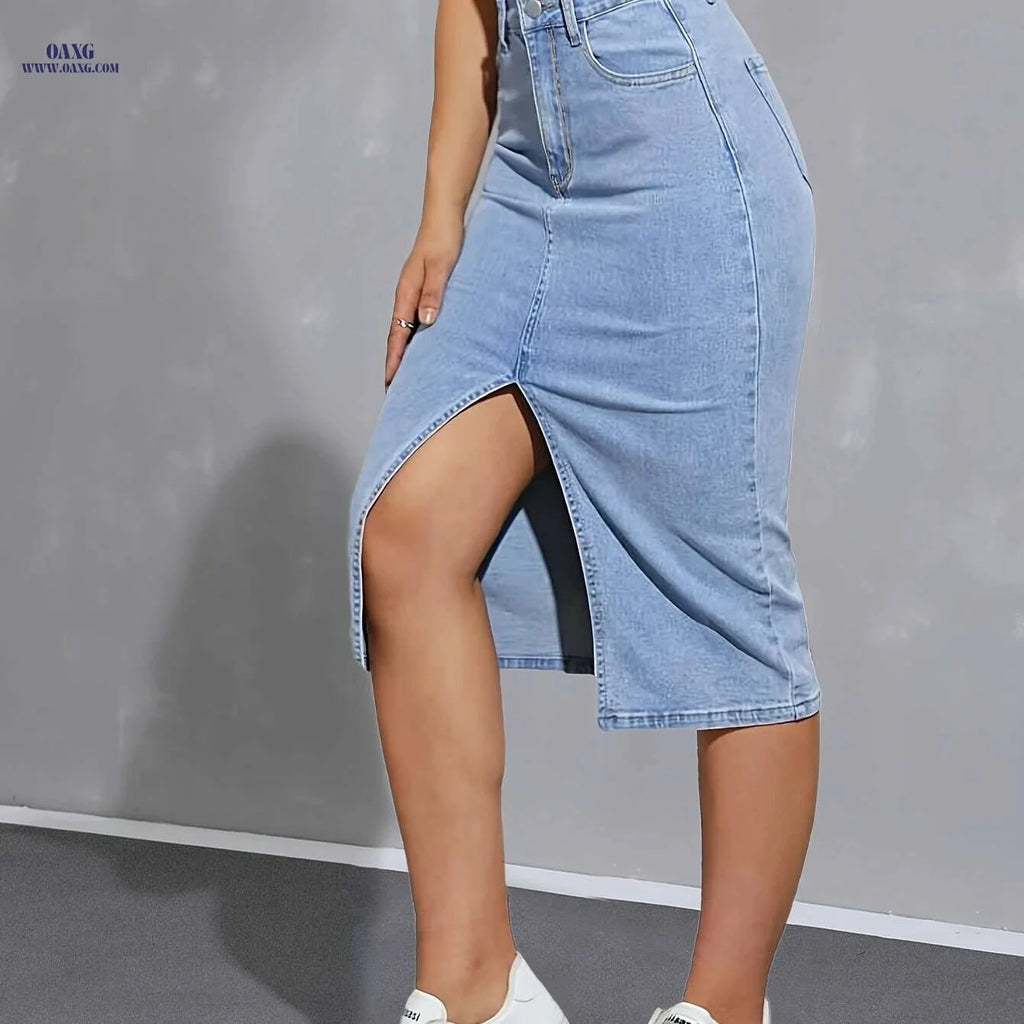 Women's High-Waist Stretch Denim Midi Skirt - Casual Slim Fit Light Blue   OAXG Blue / XS