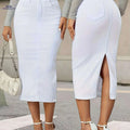 Women's High-Waist Stretch Denim Midi Skirt - Elegant Bodycon Style   OAXG White / XS